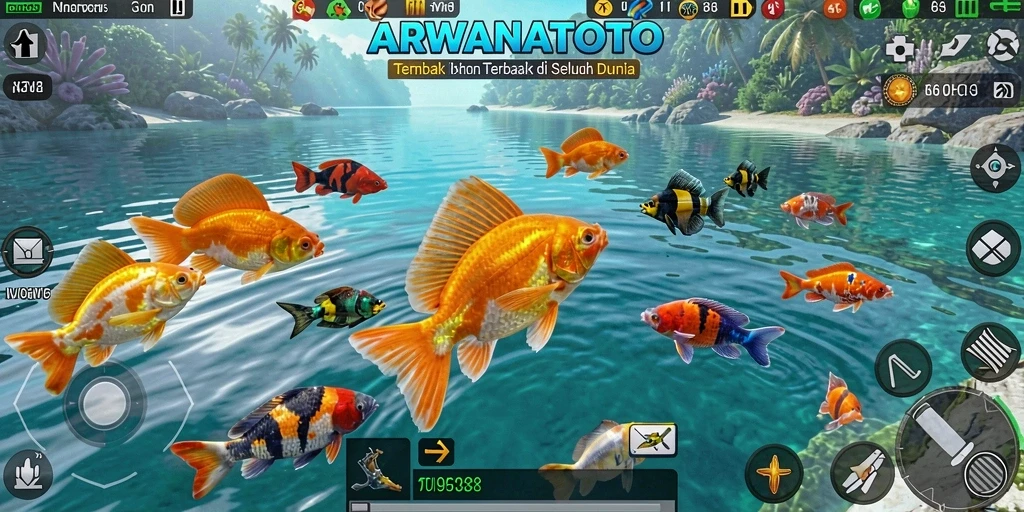 Tangkapan layar ARWANATOTO menampilkan keseruan tembak ikan di lautan yang luas.