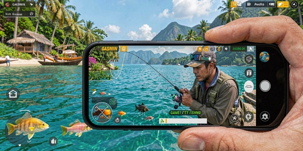 Tampilan gameplay seru saat memancing di GASWIN.