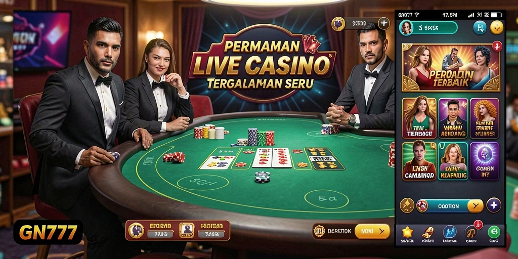 Screenshot gameplay GN777 yang menunjukkan dealer langsung dan suasana Live Casino.