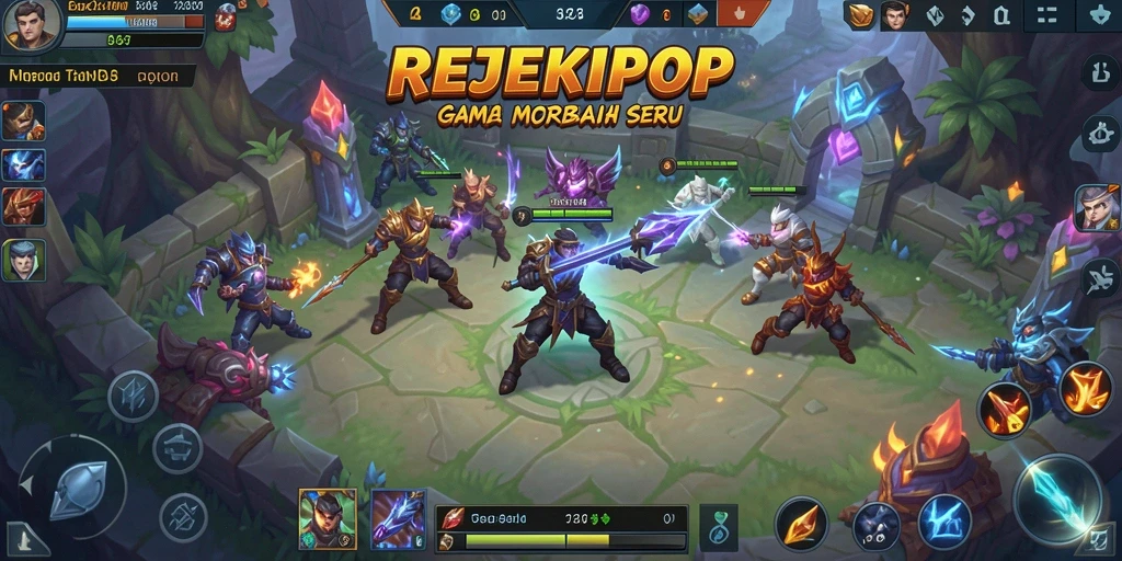 Tampilan gameplay seru dalam REJEKIPOP dengan pertarungan tim MOBA.