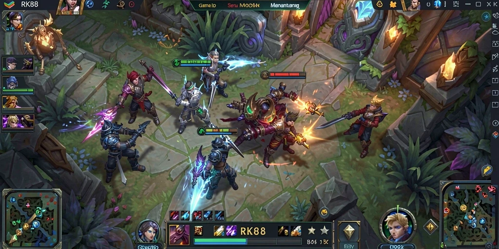 Screenshot gameplay RK88 menampilkan pertempuran seru antara tim di arena.
