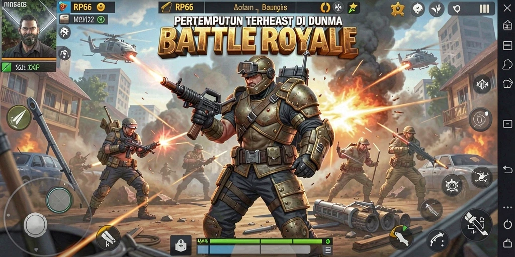 Screenshot gameplay RP66 menampilkan pertempuran seru di arena Battle Royale.