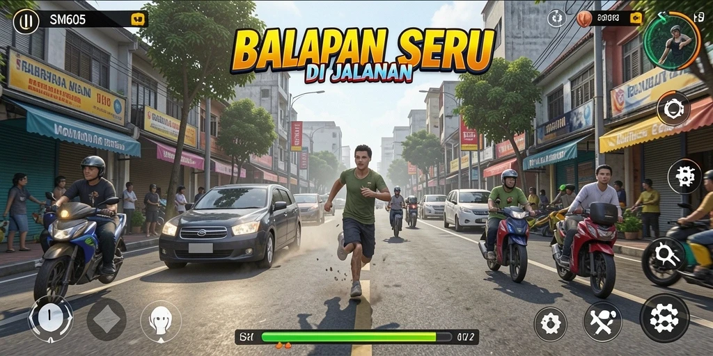 Screenshot gameplay SM605 menampilkan aksi balapan yang mendebarkan.